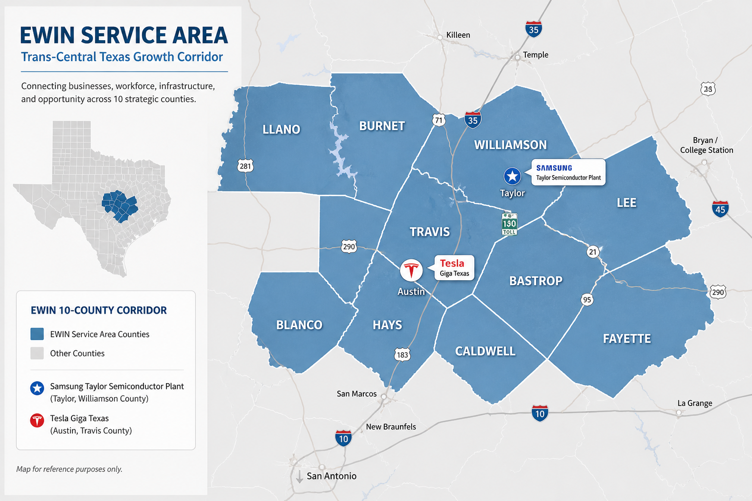 Central Texas service area map highlighting Williamson, Travis, Hays, Bastrop, Caldwell, Fayette, Lee, Burnet, Blanco, and Llano counties